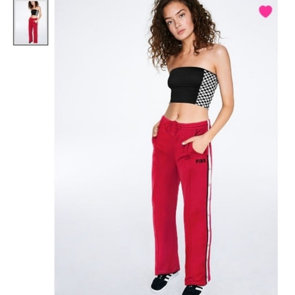 VS PINK RED SIDE BUTTON WIDE TRACK PANTS